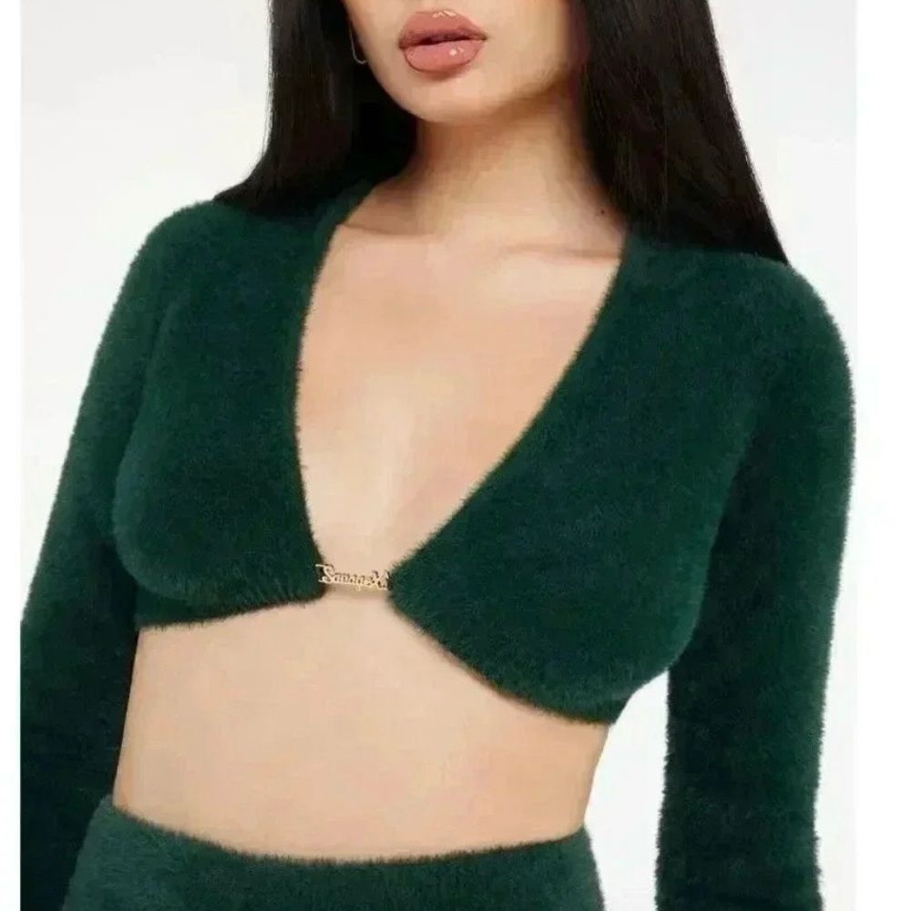 Savage X Fenty Fluff It Up Green Fuzzy Knit Loungewear Crop Top Women’s Sz Large